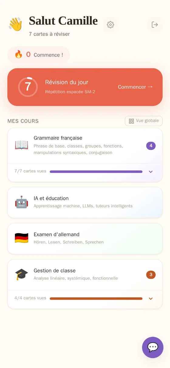 Écran d’accueil : le nombre de cartes à revoir aujourd’hui et les cours suivis, avec leur avancement.