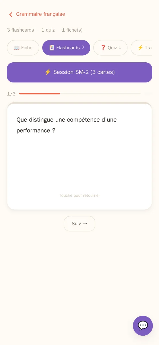 Une carte de révision présentée pendant une session, avec la progression dans la série.